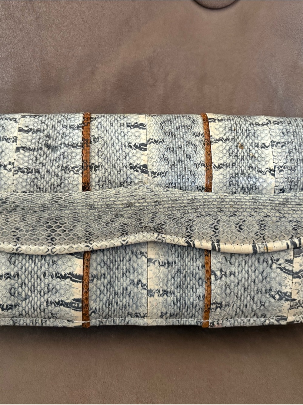 Snakeskin Pattern Foldover Clutch in Grey and Tan